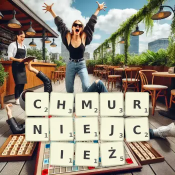 Kreatywna ilustracja do gry w Scrabble ze słowem CHMURNIEJCIEŻ ułożonym z płytek na planszy.