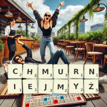 Kreatywna ilustracja do gry w Scrabble ze słowem CHMURNIEJMYŻ ułożonym z płytek na planszy.