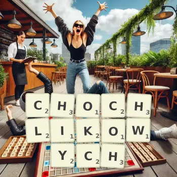 Kreatywna ilustracja do gry w Scrabble ze słowem CHOCHLIKOWYCH ułożonym z płytek na planszy.