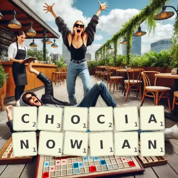 Kreatywna ilustracja do gry w Scrabble ze słowem CHOCIANOWIAN ułożonym z płytek na planszy.