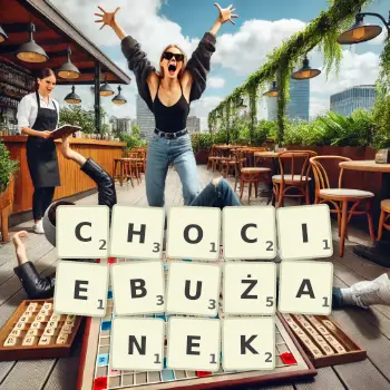 Kreatywna ilustracja do gry w Scrabble ze słowem CHOCIEBUŻANEK ułożonym z płytek na planszy.