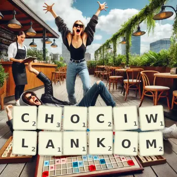 Kreatywna ilustracja do gry w Scrabble ze słowem CHOCIWLANKOM ułożonym z płytek na planszy.