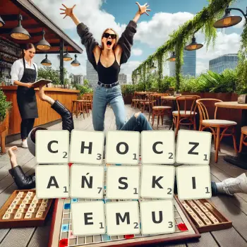 Kreatywna ilustracja do gry w Scrabble ze słowem CHOCZAŃSKIEMU ułożonym z płytek na planszy.