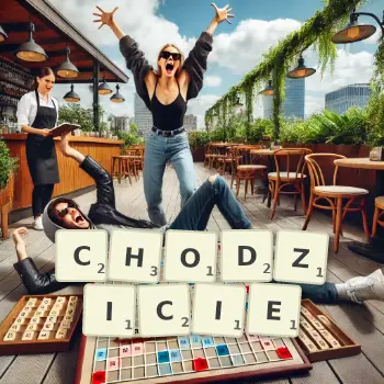 Kreatywna ilustracja do gry w Scrabble ze słowem CHODZICIE ułożonym z płytek na planszy.