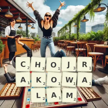 Kreatywna ilustracja do gry w Scrabble ze słowem CHOJRAKOWALAM ułożonym z płytek na planszy.