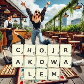 Kreatywna ilustracja do gry w Scrabble ze słowem CHOJRAKOWALEM ułożonym z płytek na planszy.