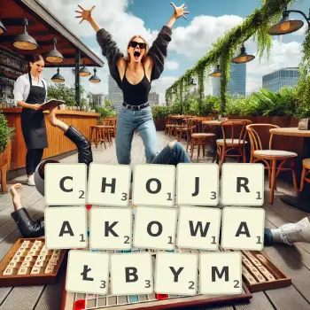Kreatywna ilustracja do gry w Scrabble ze słowem CHOJRAKOWAŁBYM ułożonym z płytek na planszy.