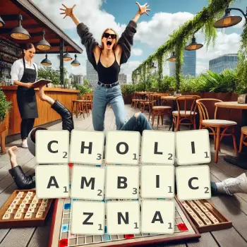 Kreatywna ilustracja do gry w Scrabble ze słowem CHOLIAMBICZNA ułożonym z płytek na planszy.