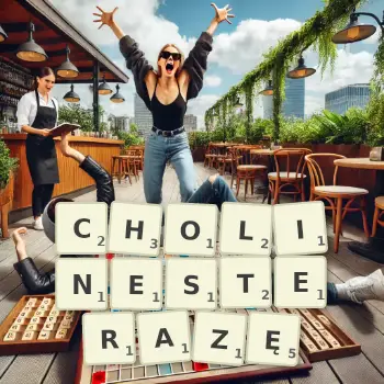 Kreatywna ilustracja do gry w Scrabble ze słowem CHOLINESTERAZĘ ułożonym z płytek na planszy.