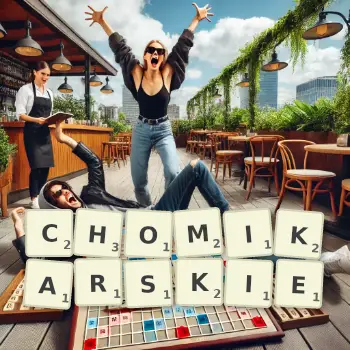 Kreatywna ilustracja do gry w Scrabble ze słowem CHOMIKARSKIE ułożonym z płytek na planszy.
