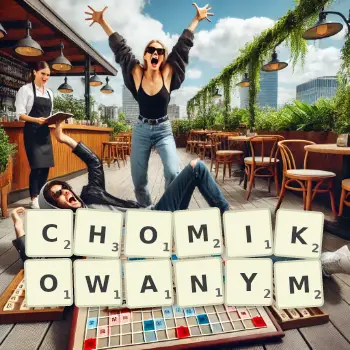 Kreatywna ilustracja do gry w Scrabble ze słowem CHOMIKOWANYM ułożonym z płytek na planszy.