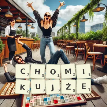 Kreatywna ilustracja do gry w Scrabble ze słowem CHOMIKUJŻE ułożonym z płytek na planszy.