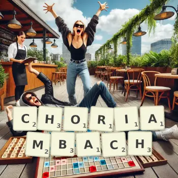 Kreatywna ilustracja do gry w Scrabble ze słowem CHORIAMBACH ułożonym z płytek na planszy.