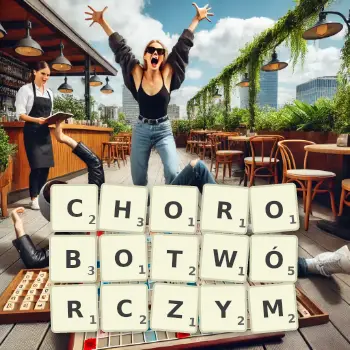 Kreatywna ilustracja do gry w Scrabble ze słowem CHOROBOTWÓRCZYM ułożonym z płytek na planszy.