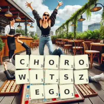 Kreatywna ilustracja do gry w Scrabble ze słowem CHOROWITSZEGO ułożonym z płytek na planszy.