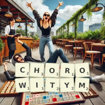 Kreatywna ilustracja do gry w Scrabble ze słowem CHOROWITYM ułożonym z płytek na planszy.