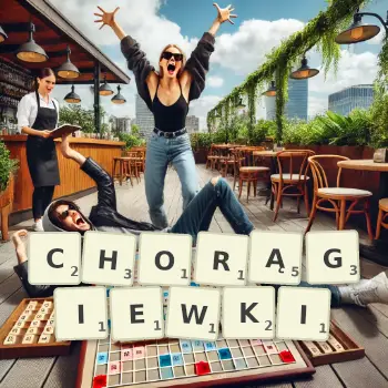 Kreatywna ilustracja do gry w Scrabble ze słowem CHORĄGIEWKI ułożonym z płytek na planszy.
