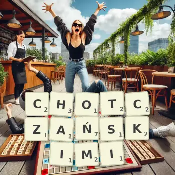 Kreatywna ilustracja do gry w Scrabble ze słowem CHOTCZAŃSKIMI ułożonym z płytek na planszy.