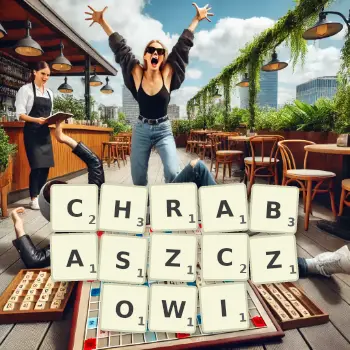 Kreatywna ilustracja do gry w Scrabble ze słowem CHRABASZCZOWI ułożonym z płytek na planszy.