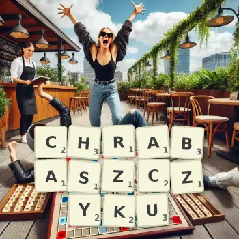 Kreatywna ilustracja do gry w Scrabble ze słowem CHRABASZCZYKU ułożonym z płytek na planszy.
