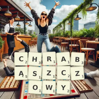 Kreatywna ilustracja do gry w Scrabble ze słowem CHRABĄSZCZOWY ułożonym z płytek na planszy.