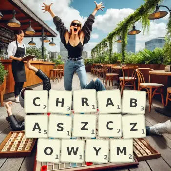 Kreatywna ilustracja do gry w Scrabble ze słowem CHRABĄSZCZOWYM ułożonym z płytek na planszy.
