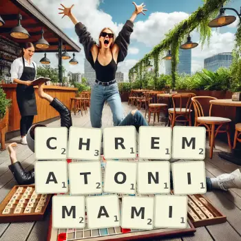 Kreatywna ilustracja do gry w Scrabble ze słowem CHREMATONIMAMI ułożonym z płytek na planszy.