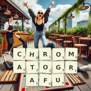 Kreatywna ilustracja do gry w Scrabble ze słowem CHROMATOGRAFU ułożonym z płytek na planszy.