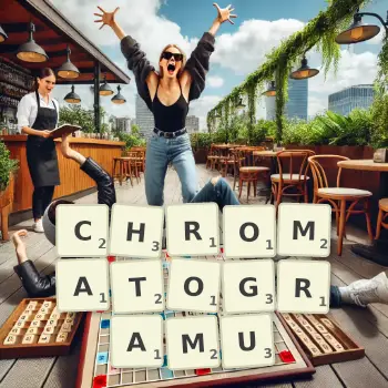Kreatywna ilustracja do gry w Scrabble ze słowem CHROMATOGRAMU ułożonym z płytek na planszy.