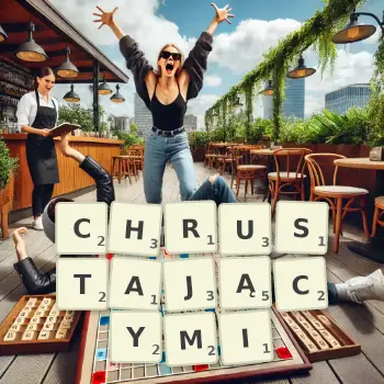 Kreatywna ilustracja do gry w Scrabble ze słowem CHRUSTAJĄCYMI ułożonym z płytek na planszy.