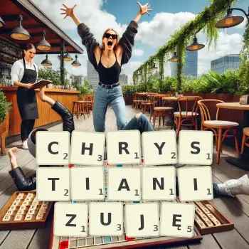 Kreatywna ilustracja do gry w Scrabble ze słowem CHRYSTIANIZUJĘ ułożonym z płytek na planszy.