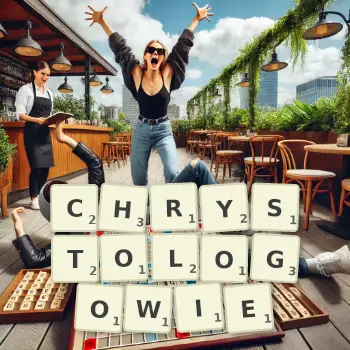 Kreatywna ilustracja do gry w Scrabble ze słowem CHRYSTOLOGOWIE ułożonym z płytek na planszy.