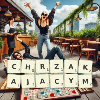 Kreatywna ilustracja do gry w Scrabble ze słowem CHRZAKAJACYM ułożonym z płytek na planszy.