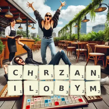 Kreatywna ilustracja do gry w Scrabble ze słowem CHRZANILOBYM ułożonym z płytek na planszy.