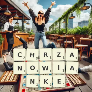 Kreatywna ilustracja do gry w Scrabble ze słowem CHRZANOWIANKE ułożonym z płytek na planszy.
