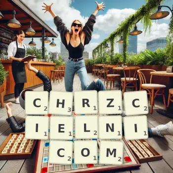 Kreatywna ilustracja do gry w Scrabble ze słowem CHRZCIELNICOM ułożonym z płytek na planszy.
