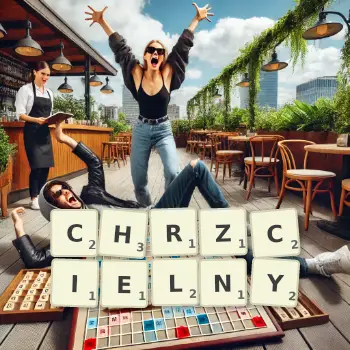 Kreatywna ilustracja do gry w Scrabble ze słowem CHRZCIELNY ułożonym z płytek na planszy.