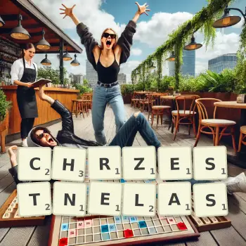 Kreatywna ilustracja do gry w Scrabble ze słowem CHRZESTNELAS ułożonym z płytek na planszy.