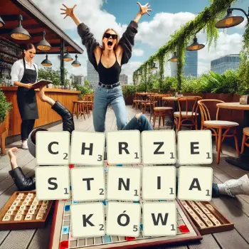 Kreatywna ilustracja do gry w Scrabble ze słowem CHRZESTNIAKÓW ułożonym z płytek na planszy.