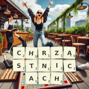 Kreatywna ilustracja do gry w Scrabble ze słowem CHRZĄSTNICACH ułożonym z płytek na planszy.