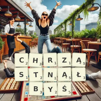 Kreatywna ilustracja do gry w Scrabble ze słowem CHRZĄSTNĄŁBYŚ ułożonym z płytek na planszy.