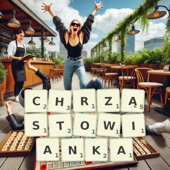 Kreatywna ilustracja do gry w Scrabble ze słowem CHRZĄSTOWIANKA ułożonym z płytek na planszy.