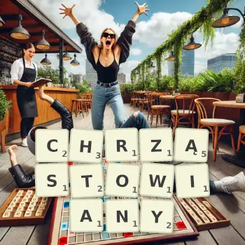 Kreatywna ilustracja do gry w Scrabble ze słowem CHRZĄSTOWIANY ułożonym z płytek na planszy.