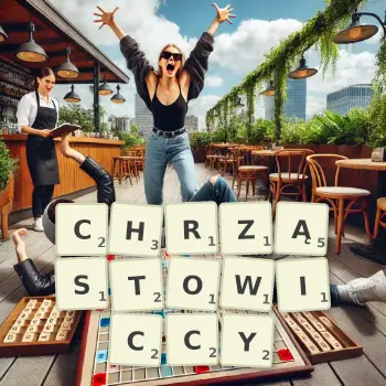 Kreatywna ilustracja do gry w Scrabble ze słowem CHRZĄSTOWICCY ułożonym z płytek na planszy.