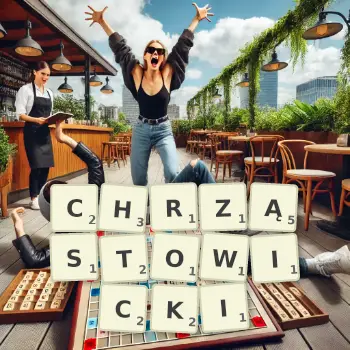 Kreatywna ilustracja do gry w Scrabble ze słowem CHRZĄSTOWICKI ułożonym z płytek na planszy.