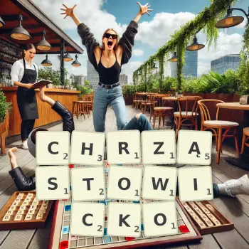 Kreatywna ilustracja do gry w Scrabble ze słowem CHRZĄSTOWICKO ułożonym z płytek na planszy.