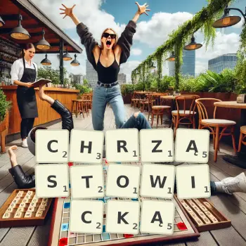 Kreatywna ilustracja do gry w Scrabble ze słowem CHRZĄSTOWICKĄ ułożonym z płytek na planszy.