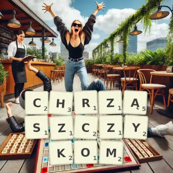 Kreatywna ilustracja do gry w Scrabble ze słowem CHRZĄSZCZYKOM ułożonym z płytek na planszy.