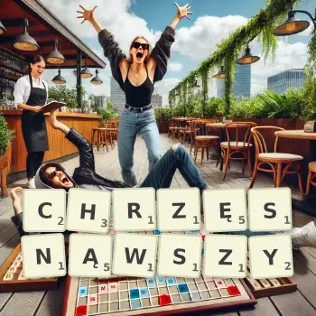 Kreatywna ilustracja do gry w Scrabble ze słowem CHRZĘSNĄWSZY ułożonym z płytek na planszy.