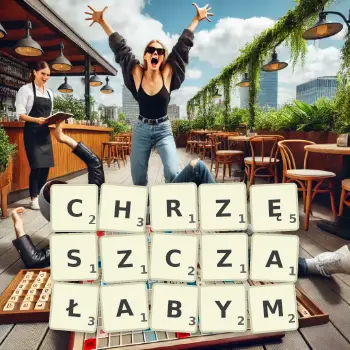 Kreatywna ilustracja do gry w Scrabble ze słowem CHRZĘSZCZAŁABYM ułożonym z płytek na planszy.
